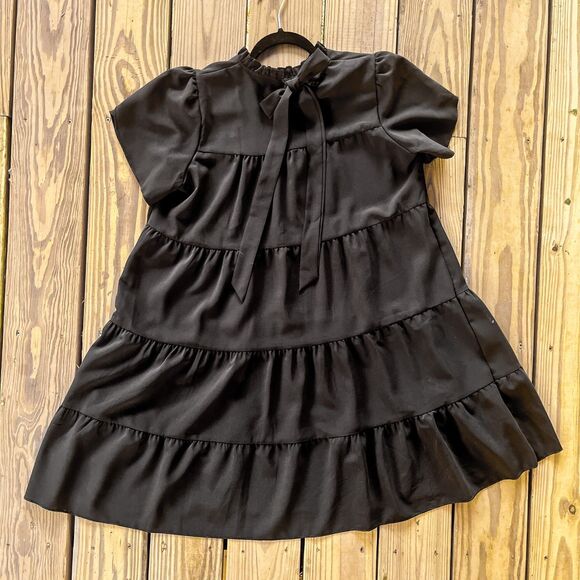 Shein Gomorn Long Black Ruffle Hem Smock Dress - High Ruffle Bowtie Neck - Sz L - Picture 2 of 3